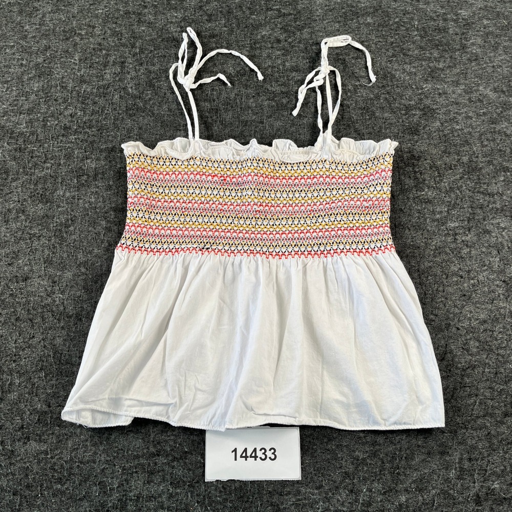H&M Babydoll Top Womens 6 White Zigzag Embroidered Cotton Tie Strap Smocked